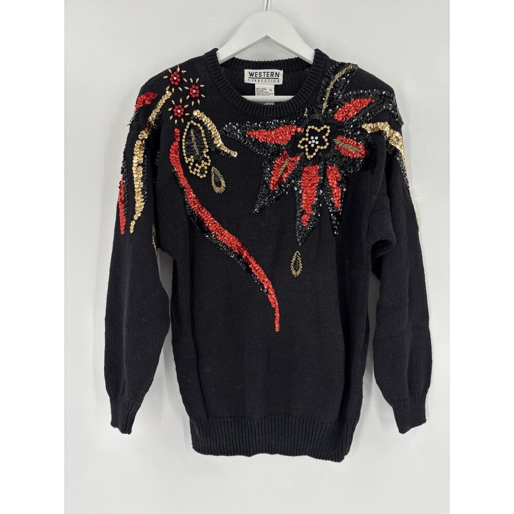 Western Connection Vintage Sweater Womens Small Black Sequins Beaded Knit 80s